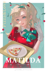  1girl :d absurdres aqua_background aqua_bow aqua_bowtie aqua_hairband blonde_hair blue_eyes border bow bowtie character_name collared_dress dress english_text food hairband hand_up highres holding holding_tray looking_at_viewer matilda_bouanich medium_hair official_alternate_costume one_side_up open_mouth outside_border pizza pizza_slice plate polka_dot polka_dot_background polka_dot_dress red_dress reverse:1999 short_sleeves smile solo teeth tray upper_body upper_teeth_only v weibo_logo weibo_watermark white_border wuwen_(wuwen66586427) 
