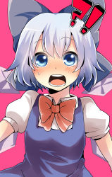  !? 1girl bad_id bad_pixiv_id blue_eyes blue_hair blush bow bowtie cirno close-up embodiment_of_scarlet_devil hair_bow highres large_bow matching_hair/eyes open_mouth pun2 ribbon short_hair simple_background solo surprised sweatdrop touhou wings  rating:Sensitive score:6 user:atrave