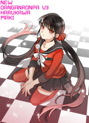  1girl :t annoyed black_sailor_collar black_skirt blunt_bangs bow bowtie brown_footwear brown_hair character_name checkered_floor closed_mouth collarbone collared_shirt commentary_request copyright_name danganronpa_(series) danganronpa_v3:_killing_harmony eyelashes flower flower_brooch full_body furrowed_brow hair_ornament hair_scrunchie hair_spread_out hairclip hamadaichi hands_on_ground harukawa_maki highres infinity_symbol kneeling long_hair long_sleeves looking_at_viewer low_twintails miniskirt mole mole_under_eye pleated_skirt pocket polka_dot_bowtie pout red_eyes red_scrunchie red_shirt red_sleeves red_thighhighs sailor_collar school_uniform scrunchie serafuku shirt shoes skirt sleeves_past_elbows solo thighhighs twintails very_long_hair white_bow white_bowtie white_flower 