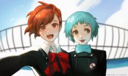  2girls absurdres aqua_hair bird black_jacket blue_sky bow bowtie brown_hair cloud cloudy_sky collared_shirt commentary english_commentary gekkoukan_high_school_uniform grey_eyes hair_between_eyes hair_ornament hairclip high_ponytail highres jacket long_hair long_sleeves looking_at_viewer looking_to_the_side multiple_girls open_mouth outdoors persona persona_3 persona_3_portable red_bow red_bowtie red_eyes school_uniform shiomi_kotone shirt short_hair sky smoogiearts teeth tongue tongue_out turtleneck upper_body upper_teeth_only white_shirt yamagishi_fuuka 