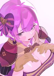  1girl bernadetta_von_varley blush breasts brown_gloves cleavage commentary fire_emblem fire_emblem:_three_houses gbbgb321 gloves hands_on_own_chest highres large_breasts looking_at_viewer nintendo open_mouth purple_eyes purple_hair short_hair solo symbol-only_commentary upper_body 