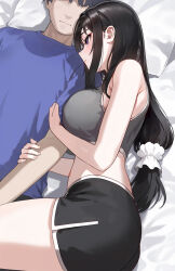  1boy 1girl bed_sheet black_hair black_shorts blue_shirt blush breasts closed_mouth commentary_request faceless faceless_male grey_sports_bra hair_ornament hair_scrunchie hetero highres kfr large_breasts long_hair lying midriff on_side original pillow purple_eyes scrunchie shirt shorts smile sports_bra thighs wavy_mouth white_scrunchie 
