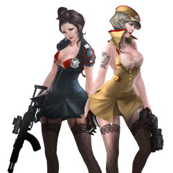  2girls bra breasts cleavage gloves gun hat highres holding_hands multiple_girls thighhighs underwear uniform weapon  rating:Questionable score:12 user:typicalspoofaccount
