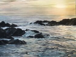  dawn day eyvzi172xqdkvs7 highres horizon no_humans ocean original painting_(medium) rock scenery shore traditional_media water watercolor_(medium) waves 