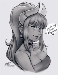 1girl bare_shoulders breasts choker cleavage collarbone demon_girl demon_horns ear_clip earrings english_text facial_mark fang greyscale horn_ornament horn_ring horns iahfy jewelry long_hair looking_at_viewer medium_breasts meme monochrome multiple_piercings my_little_pogchamp_(meme) o-ring o-ring_choker original parted_lips pointy_ears ponytail short_eyebrows solo speech_bubble strapless synth_(iahfy) tubetop upper_teeth 