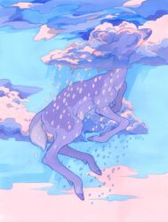  1other above_clouds animal_focus blue_sky cloud day deer fawn fleebites floating highres limited_palette no_humans on_cloud original pastel_colors pink_clouds purple_clouds purple_eyes purple_fur rain sky 