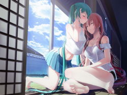 2013 2girls adjusting_hair architecture bare_legs bare_shoulders barefoot black_bra black_panties blue_sky blush bow bra breasts cleavage closed_eyes couple crop_top dated day doorway east_asian_architecture feet female_focus fusuma green_hair hair_ribbon tucking_hair hatsune_miku highres indoors kiss kissing_forehead kneeling lace lace-trimmed_panties lace_trim leaning_forward light_rays long_hair medium_breasts megurine_luka midriff miniskirt multiple_girls navel neck off_shoulder okingjo on_floor panties parted_lips pink_hair pleated_skirt red_hair ribbon see-through shadow shouji signature sitting skirt sky sleeping sliding_doors soles sunbeam sunlight tank_top tattoo toes twintails underwear very_long_hair vocaloid wall wind_chime wooden_floor yuri rating:Questionable score:90 user:danbooru