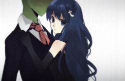  4chan anonymous_(4chan) blue_eyes blue_hair couple dress formal gloves hair_ornament long_hair lowres necktie personification suit tumblr  rating:Sensitive score:7 user:dark.white
