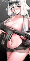 1girl bandaid bandaid_on_face bandaid_on_nose battle_rifle black_collar black_eyeliner blue_eyes blush body_freckles breasts cleavage collar commentary convenient_censoring english_commentary eyeliner eyewear_on_head fn_fal freckles functionally_nude gun highres holding holding_gun holding_weapon jacket large_breasts long_hair long_sleeves looking_at_viewer low-tied_sidelocks makeup naked_jacket navel_piercing neptune_zx nude original piercing rifle sidelocks smile solo sunglasses very_long_hair weapon white_hair