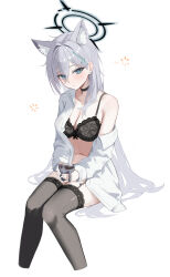  1girl absurdres animal_ears aqua_eyes black_bra black_garter_straps black_thighhighs blue_archive blush bra breasts cleavage coffee commentary_request cropped_legs cross_hair_ornament cup earrings extra_ears garter_straps grey_hair hair_between_eyes hair_ornament halo highres holding holding_cup invisible_chair jewelry long_hair looking_at_viewer medium_breasts mismatched_pupils mug navel neranainerune open_clothes open_shirt shiroko_(blue_archive) shiroko_terror_(blue_archive) shirt simple_background sitting solo steam stomach straight_hair stud_earrings thighhighs underwear very_long_hair white_background white_shirt wolf_ears 