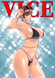 1girl armpits artist_name bare_shoulders bikini black_bikini bracelet breasts brown_eyes character_name cleavage commentary_request earrings eyewear_on_head fingernails hand_up highleg highleg_bikini highres jewelry large_breasts looking_at_viewer navel red_hair shiny_skin short_hair simple_background sk_(sk-g) stomach sunglasses sweat sweatdrop swimsuit the_king_of_fighters the_king_of_fighters_xv thighs vice_(kof) watermark rating:Sensitive score:37 user:danbooru
