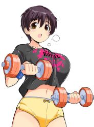  1girl black_shirt blue_wristband blush breasts breath brown_eyes brown_hair collarbone cowboy_shot dumbbell flying_sweatdrops hands_up highres holding_dumbbell idolmaster idolmaster_cinderella_girls idolmaster_cinderella_girls_starlight_stage kitsune_choukan large_breasts looking_at_viewer midriff_peek navel oikawa_shizuku open_mouth print_shirt shirt short_hair short_sleeves shorts simple_background solo standing stomach white_background yellow_shorts 