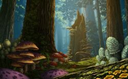  blue_sky flower forehead forest_of_magic from_below game_cg grass justinas_vitkus landscape leaf moss mushroom no_humans official_art sky sunlight third-party_source touhou touhou_cannonball tree tree_stump yellow_flower 