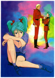  1980s_(style) 1boy 1girl age_difference animedia belt blonde_hair boots char&#039;s_counterattack char_aznable commentary dual_persona energy english_commentary gundam highres kitakubo_hiroyuki magazine_scan neo_zeon oldschool ponytail poster_(medium) production_art quess_paraya retro_artstyle scan science_fiction shoes short_twintails shorts sitting size_difference sneakers traditional_media twintails 