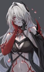  1girl absurdres acheron_(honkai:_star_rail) armor bare_shoulders black_choker black_coat black_gloves blood bloody_tears body_markings breasts choker cleavage coat falling_petals flower gloves hair_ornament hair_over_one_eye hands_on_own_face highres honkai:_star_rail honkai_(series) large_breasts long_sleeves looking_at_viewer markings midriff navel official_alternate_color open_mouth petals red_eyes red_flower satsumaagee shaded_face shoulder_armor single_glove single_sleeve solo upper_body white_hair 