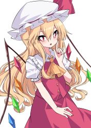  1girl absurdres alternate_hair_length alternate_hairstyle ascot bangs blonde_hair bright_pupils cowboy_shot crystal flandre_scarlet hair_between_eyes hat hat_ribbon highres index_finger_raised long_hair looking_at_viewer mob_cap nail_polish open_mouth puffy_short_sleeves puffy_sleeves rainbow_order red_eyes red_nails red_ribbon red_skirt red_vest ribbon shirt short_sleeves simple_background skirt solo standing touhou tsukimirin vest white_background white_headwear white_pupils white_shirt wings yellow_neckwear 
