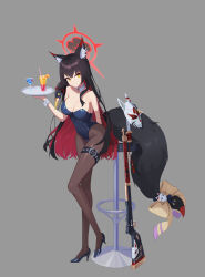  1girl absurdres alternate_costume animal_ear_fluff animal_ears bare_shoulders bayonet black_footwear blue_archive blue_leotard bow breasts brown_hair brown_pantyhose cleavage closed_mouth cocktail_glass colored_inner_hair covered_navel cup detached_collar drinking_glass fox_ears fox_girl fox_mask fox_tail full_body grey_background gun halo high_heels highres holding holding_tray humi leotard long_hair looking_at_viewer mask unworn_mask medium_breasts multicolored_hair pantyhose playboy_bunny rifle simple_background smile solo standing stool tail tail_bow tail_ornament thigh_strap tray wakamo_(blue_archive) weapon wrist_cuffs yellow_eyes 
