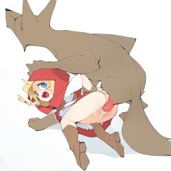  1boy 1girl animal_penis ass bestiality big_bad_wolf blonde_hair blue_eyes boots bottomless braid brown_footwear cum cum_in_pussy full_body highres interspecies knotted_penis little_red_riding_hood little_red_riding_hood_(grimm) loli looking_at_another navel no_panties penis pinned_down pussy_juice_drip rape sex short_hair short_sleeves simple_background sweatdrop tareme uncensored vaginal white_background youjo_modoki  rating:Explicit score:514 user:Garutan