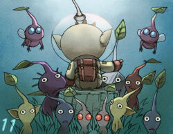  1boy backpack bag black_eyes black_skin blue_background blue_eyes blue_pikmin blue_skin brown_hair colored_skin commentary_request countdown flying from_behind gloves gradient_background grass insect_wings leaf looking_at_viewer naru_(wish_field) nintendo no_mouth olimar outstretched_arm patch pikmin_(creature) pikmin_(series) pikmin_3 pink_skin pointy_ears pointy_nose purple_hair purple_pikmin purple_skin red_bag red_eyes red_gloves red_pikmin red_skin rock rock_pikmin short_hair sitting_on_tree_stump solid_circle_eyes spacesuit sunlight triangle_mouth very_short_hair white_pikmin white_skin winged_pikmin wings yellow_pikmin yellow_skin 