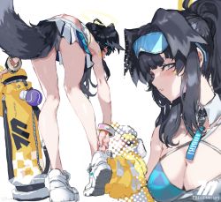  1girl animal_ears black_hair blue_archive blue_eyes breasts character_name cheerleader cleavage clothes_writing dog_ears dog_girl eyewear_on_head halo hibiki_(blue_archive) hibiki_(cheer_squad)_(blue_archive) holding holding_pom_poms kumonji_aruto looking_at_viewer medium_breasts millennium_cheerleader_outfit_(blue_archive) parted_lips pom_pom_(cheerleading) pom_poms ponytail simple_background sunglasses upper_body white_background 