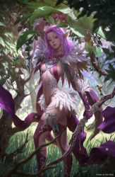 1girl armband bad_id bad_pixiv_id bow chain choker contrapposto elf covered_erect_nipples facial_mark feathers forehead_mark forest gloves green_eyes jewelry kilart lipstick long_hair looking_to_the_side makeup nature nipples original parted_lips pointy_ears purple_hair purple_lips realistic solo standing tattoo thigh_strap thighhighs tree weapon rating:Questionable score:28 user:danbooru