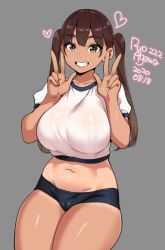 1girl 2020 agawa_ryou breasts brown_eyes brown_hair cameltoe collarbone commentary dated double_v grey_background grin gym_uniform heart large_breasts long_hair looking_at_viewer midriff navel simple_background skindentation smile solo tan tanline thighs twintails v rating:Sensitive score:131 user:danbooru