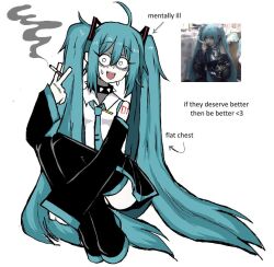  1girl absurdly_long_hair ahoge aqua_hair aqua_necktie arrow_(symbol) between_fingers black_footwear black_skirt black_sleeves boots cigarette collared_shirt commentary constricted_pupils detached_sleeves english_commentary english_text full_body hair_between_eyes hair_ornament hatsune_miku holding holding_cigarette long_hair long_sleeves looking_at_viewer microsoft_paint_(medium) miniskirt necktie number_tattoo open_mouth peqermint pleated_skirt reference_inset shaded_face shirt shoulder_tattoo simple_background skirt sleeveless sleeveless_shirt smile smoke solo sweat tattoo thigh_boots twintails very_long_hair vocaloid white_background white_shirt 
