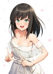  1girl :d anniversary bare_shoulders breasts collarbone commentary_request dress falling_petals fubuki_(anniversary)_(kancolle) fubuki_(kancolle) green_eyes hair_down happy_anniversary highres ichikawa_feesu index_finger_raised kantai_collection looking_at_viewer off-shoulder_dress off_shoulder official_alternate_costume open_mouth petals small_breasts smile solo tagme white_background white_dress 