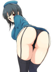 10s 1girl anzuu ass bent_over black_hair black_thighhighs blush breasts from_behind garter_straps hat highres huge_ass kantai_collection large_breasts looking_at_viewer looking_back panties red_eyes shiny_skin short_hair simple_background solo takao_(kancolle) thighhighs thong underwear white_background rating:Questionable score:16 user:armorcrystal