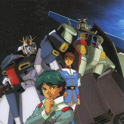  1990s_(style) 2boys amuro_ray belt blue_sky cloud commentary cover dvd_cover earth_federation english_commentary gundam hand_on_own_chin highres kamille_bidan key_visual kitazume_hiroyuki male_focus mecha military military_uniform mobile_suit mobile_suit_gundam multiple_boys official_art promotional_art retro_artstyle robot rx-78-2 scan science_fiction sky space star_(symbol) starry_background uniform v-fin zeta_gundam zeta_gundam_(mobile_suit) 