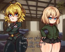  2girls ahoge angry ass blonde_hair blue_eyes blush cameltoe cleft_of_venus crossed_arms english_text faceless faceless_male female_focus flat_chest girls_und_panzer greatestgori hands_on_own_hips highres huge_ass katyusha_(girls_und_panzer) loli looking_at_viewer military military_uniform multiple_girls cameltoe tanya_degurechaff tearing_up thick_thighs thighs uneven_eyes uniform wide_hips youjo_senki  rating:Sensitive score:146 user:lewdraccoon