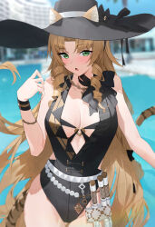  1girl absurdres animal_ears arknights black_hat black_one-piece_swimsuit breasts center_opening commentary drill_hair drill_sidelocks ears_through_headwear green_eyes hat highres large_breasts long_hair looking_at_viewer one-piece_swimsuit open_mouth pool raitho sidelocks solo swimsuit swire_(arknights) swire_the_elegant_wit_(arknights) tail tiger_ears tiger_girl tiger_tail water  rating:Sensitive score:8 user:danbooru
