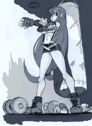 1990s_(style) 1girl alex_ahad ankle_boots boots boxing_gloves breasts crop_top detached_sleeves dumbbell earrings elbow_pads final_fantasy final_fantasy_vii fingerless_gloves full_body gloves greyscale jewelry long_hair low-tied_long_hair midriff miniskirt monochrome navel panties pantyshot punching_bag retro_artstyle skirt socks solo standing stretching suspender_skirt suspenders tifa_lockhart underwear very_long_hair rating:Sensitive score:22 user:danbooru