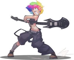  1girl abs agony_(omnizoa) asymmetric_clothing asymmetric_gloves boots fingerless_gloves freckles gloves grey_eyes grin guitar highres instrument midriff multicolored_hair rainbow_hair short_hair smile striped_clothes striped_gloves striped_legwear suspenders_hanging symbol-shaped_pupils the_pink_pirate toned  rating:Sensitive score:21 user:MisfitUploader