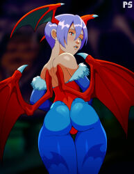  1girl absurdres animal_print artist_logo ass ass_focus back bare_shoulders bat_print bat_wings blue_pantyhose blue_sleeves blush capcom cowboy_shot demon_girl female_focus from_behind from_below fur-trimmed_sleeves fur_trim hair_between_eyes head_wings highres legs_together leotard light_purple_hair lilith_aensland looking_at_viewer looking_back looking_down off-shoulder_leotard off_shoulder pantyhose parted_lips petite ponpu_(pumpkinsinclair) print_pantyhose red_eyes red_leotard red_wings short_hair solo standing strapless strapless_leotard teeth thigh_gap thighs vampire vampire_(game) wings  rating:Questionable score:97 user:Only_Kemonomimi