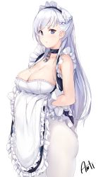 1girl anti_(0324) apron artist_name azur_lane belfast_(azur_lane) black_collar blue_eyes blush braid breasts chain cleavage closed_mouth clothes_lift collar commentary_request covered_erect_nipples french_braid frilled_apron frilled_gloves frills gloves highres large_breasts lifted_by_self long_hair looking_at_viewer maid maid_apron maid_headdress pantyhose signature simple_background solo standing very_long_hair white_apron white_background white_pantyhose rating:Sensitive score:34 user:danbooru