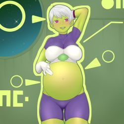  1girl absurdres armor boots breasts cheelai cleavage colored_skin dragon_ball_super dragon_ball_super_broly gloves green_skin highres looking_at_viewer pregnant purple_eyes scouter short_hair shorts solo white_gloves white_hair  rating:Sensitive score:15 user:mintykristi