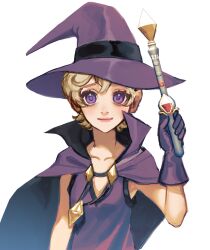  1girl blonde_hair cape commentary diamond_(shape) dress gkdus0201 gloves hat highres holding holding_wand light_smile looking_at_viewer purple_cape purple_eyes purple_gloves purple_hat short_hair simple_background sleeveless sleeveless_dress solo sugar_sugar_rune upper_body vanilla_mieux wand white_background witch_hat 