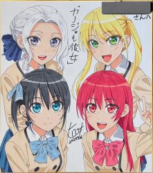  4girls black_hair blonde_hair blue_bow blue_bowtie blue_eyes bow bowtie commentary commission copyright_name dated english_commentary fangs green_eyes highres hiroyuki hoshizaki_rika_(kanojo_mo_kanojo) kanojo_mo_kanojo kiryuu_shino long_hair looking_at_viewer minase_nagisa multiple_girls official_art open_mouth pink_bow pink_bowtie pink_eyes pink_hair saki_saki_(kanojo_mo_kanojo) school_uniform simple_background smile teeth traditional_media twintails upper_body upper_teeth_only v white_background 