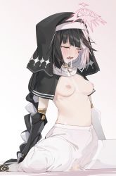  1girl after_rape black_capelet black_hair blush braid braided_ponytail breasts capelet censored cross crying crying_with_eyes_open cum cum_in_mouth cum_in_pussy cum_on_body cum_pool dildo dildo_riding doll_joints facial_mark female_focus habit half-closed_eyes halo highres joints long_hair looking_down medium_breasts mosaic_censoring multicolored_hair nipples nun open_mouth original pantyhose sex_toy simple_background sitting solo split-color_hair spread_legs tears teeth thighs tongue torn_clothes torn_pantyhose two-tone_hair uno_ryoku violet_(ac8231) wariza white_hair white_pantyhose yellow_eyes  rating:Explicit score:231 user:danbooru
