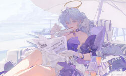  1girl absurdres aqua_eyes bare_shoulders bead_bracelet beads bracelet cup detached_sleeves dress drinking_glass earrings face_jewel food food_in_mouth gloves head_wings highres holding holding_food holding_newspaper holding_pocky honkai:_star_rail honkai_(series) jewelry long_hair newspaper outdoors panni_xing parted_lips pocky purple_dress purple_hair robin_(honkai:_star_rail) short_sleeves sitting smile teeth two-tone_dress umbrella upper_teeth_only white_dress white_gloves white_wings wings 