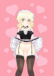  1girl absurdres bare_shoulders blonde_hair blush brown_eyes clothes_lift commission commissioner_upload dard_drak elbow_gloves flaccid full-package_futanari futanari futanari gloves hidamari_sketch highres lifted_by_self long_hair looking_at_viewer maid maid_headdress miyako_(hidamari_sketch) penis pink_background skirt skirt_lift smile solo testicles thighhighs  rating:Explicit score:42 user:FabricioDias