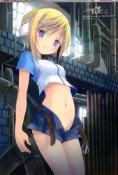  00s 1girl absurdres against_wall android belly belt blonde_hair blue_eyes blush brick_wall cowboy_shot crop_top grin groin headphones highres ichimaru_(kowarekake_no_orgel) indoors industrial_pipe kowarekake_no_orgel loli looking_at_viewer megami_magazine midriff navel no_nose no_panties non-web_source official_art open_belt open_clothes open_fly open_shorts parted_bangs pop raglan_sleeves scan shirt short_hair short_shorts short_sleeves shorts sidelocks smile solo standing sunlight swept_bangs t-shirt unbuckled unbuttoned undressing unzipped window zipper  rating:Questionable score:70 user:danbooru