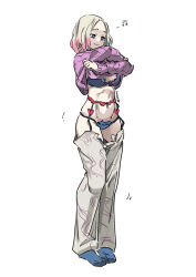  1girl blue_bra blue_panties blue_socks bra breasts clothes_lift dressing eudetenis feet full_body long_hair medium_breasts motion_lines multicolored_hair navel no_shoes panties pants pink_hair pink_sweater smile socks solo standing sweater two-tone_hair underwear undressing white_background white_hair white_pants 