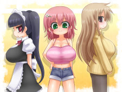 3girls alexi_(tits!) black_hair breasts brown_hair highres huge_breasts maid maid_headdress multiple_girls pink_hair wallpaper rating:Questionable score:52 user:dshark