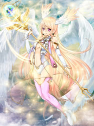  1girl angel angel_wings breasts bridal_gauntlets center_opening gloves head_wings highres leotard long_hair navel original pink_thighhighs purple_eyes smile solo staff thighhighs very_long_hair white_gloves wings yasai_no_ou-sama_lettuce 