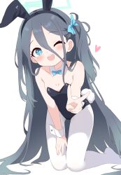  1girl absurdly_long_hair absurdres animal_ears aris_(blue_archive) black_hair black_leotard blue_archive blue_eyes blush breasts collarbone detached_collar fake_animal_ears fake_tail green_halo halo heart highres leotard loli long_hair looking_at_viewer one_eye_closed open_mouth pantyhose rabbit_ears rabbit_tail simple_background small_breasts smile solo strapless strapless_leotard tail very_long_hair white_background white_pantyhose wrist_cuffs yukisiannn  rating:Sensitive score:35 user:danbooru