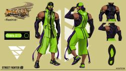  1boy absurdres baseball_cap beard character_sheet commentary dark-skinned_male dark_skin english_commentary facial_hair full_body hat highres looking_at_viewer official_alternate_costume official_art rashid_(street_fighter) shoes sleeveless smile sneakers solo street_fighter street_fighter_6 sunglasses tank_top 