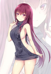 1girl backless_dress backless_outfit bare_shoulders breasts dress fate/grand_order fate_(series) female_focus grey_sweater kaetzchen large_breasts long_hair looking_at_viewer meme_attire naked_sweater purple_hair red_eyes scathach_(fate) sideboob smile solo sweater sweater_dress turtleneck turtleneck_sweater virgin_killer_sweater zoom_layer rating:Sensitive score:32 user:danbooru