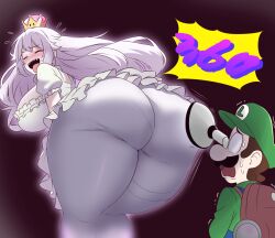  1boy 1girl amogan ass ass_focus blank_eyes blush breasts brown_hair closed_eyes commentary_request dress facial_hair feet_out_of_frame flying_sweatdrops from_behind green_shirt hat highres huge_ass huge_breasts kneepits leaning_forward long_hair luigi luigi&#039;s_mansion mario_(series) mustache new_super_mario_bros._u_deluxe nintendo open_mouth pantyhose poltergust_5000 princess_king_boo puffy_short_sleeves puffy_sleeves sharp_teeth shirt short_hair short_sleeves simple_background size_difference suction_cups super_crown tall_female teeth thick_thighs thighs tongue tongue_out white_dress white_pantyhose 